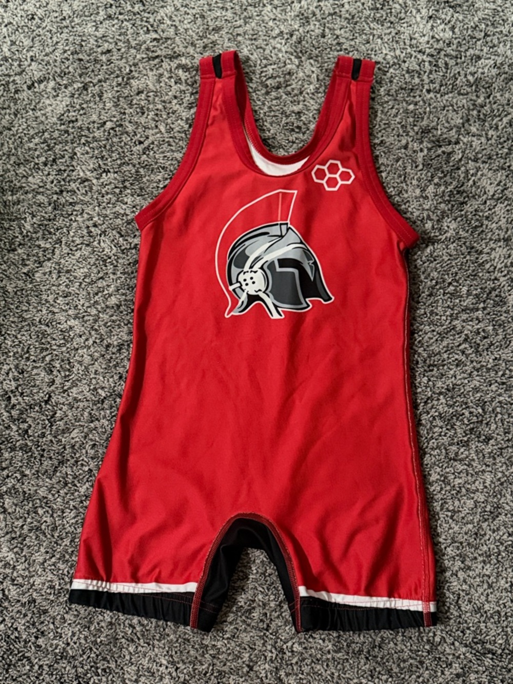 Red Kids Rudis Wrestling Singlet with Spartan Helmet Graphic